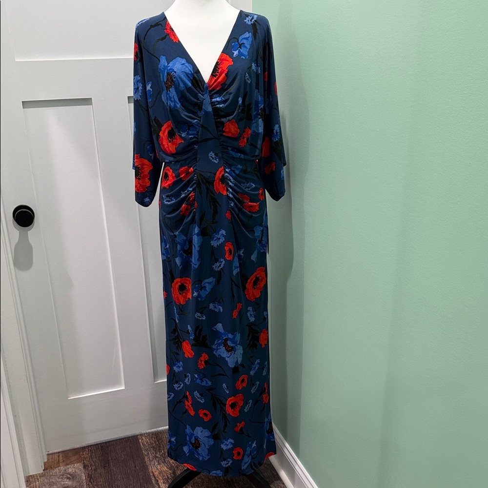 VENUS Blue and Red Drape Sleeve Floral Maxi Dress. M
